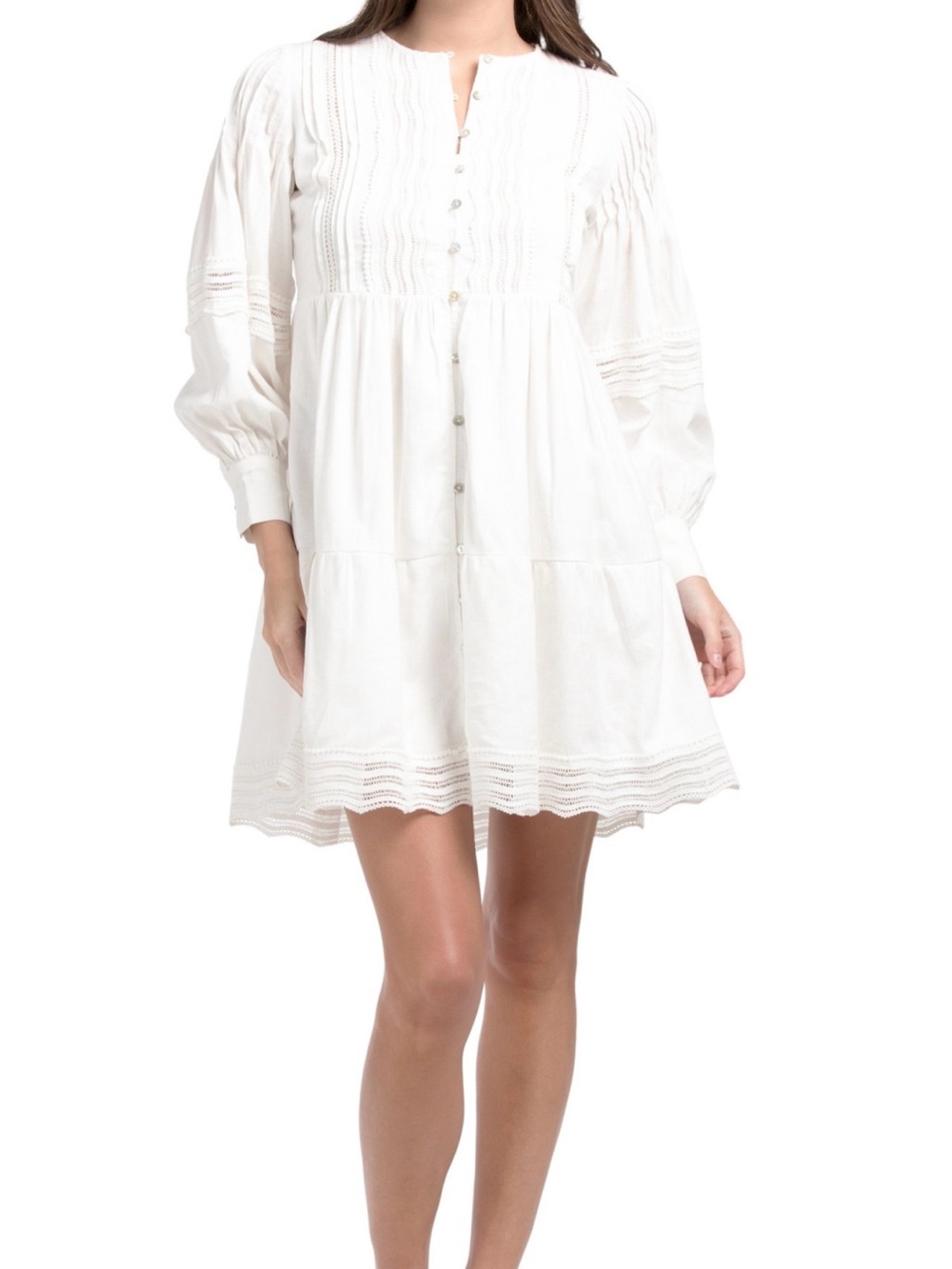 Magaschoni White Button-Front Lace-Trim Mini Dress